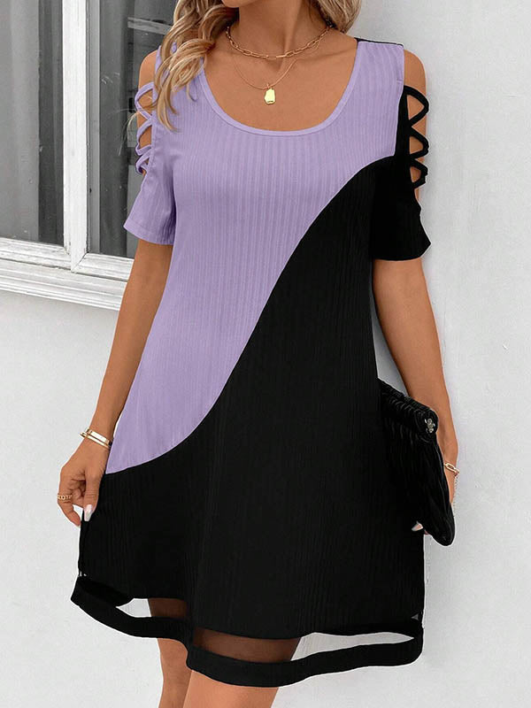 A-Line Loose Contrast Color Hollow Mesh Split-Joint Cold Shoulder Mini Dresses