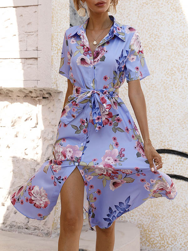 A-Line Loose Buttoned Flower Print Tied Waist Lapel Midi Dresses