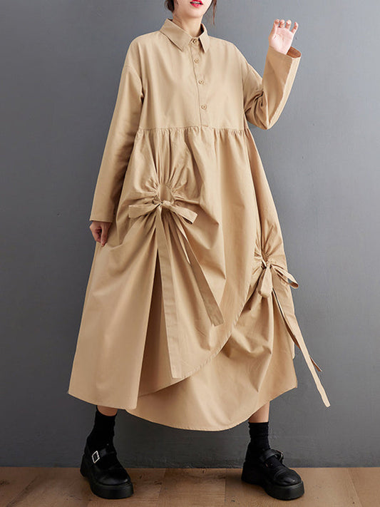 A-Line Long Sleeves Buttoned Pleated Pockets Solid Color Tied Lapel Midi Dresses Shirt Dress