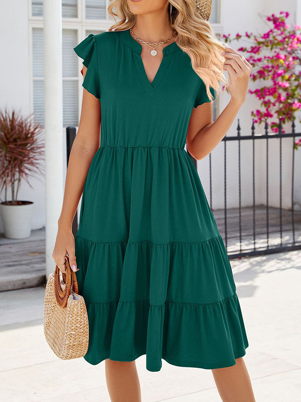 Loose Ruffle Sleeves Pleated Pockets Solid Color Split-Joint V-Neck Midi Dresses