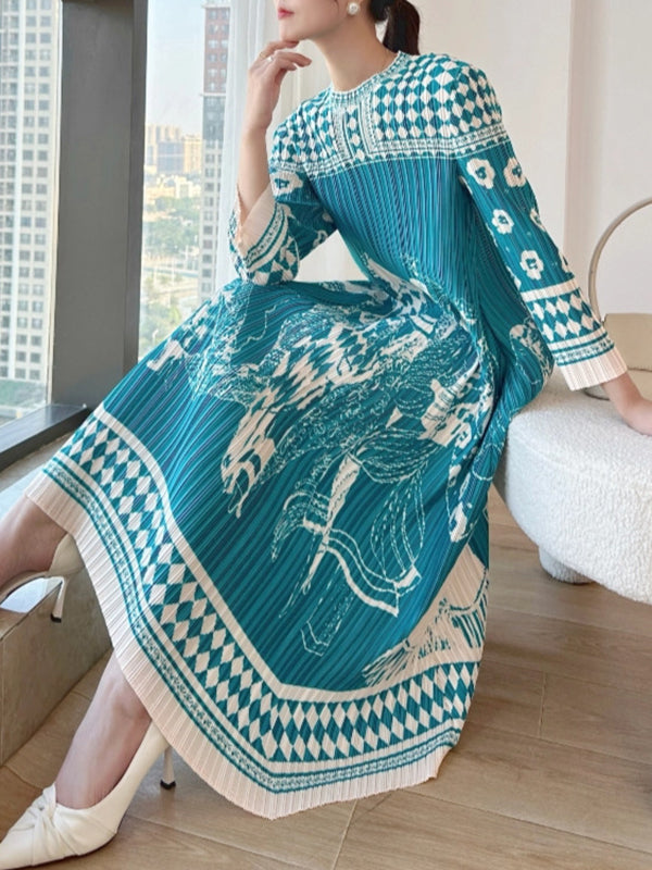 A-Line Loose Pleated Printed Round-Neck Midi Dresses
