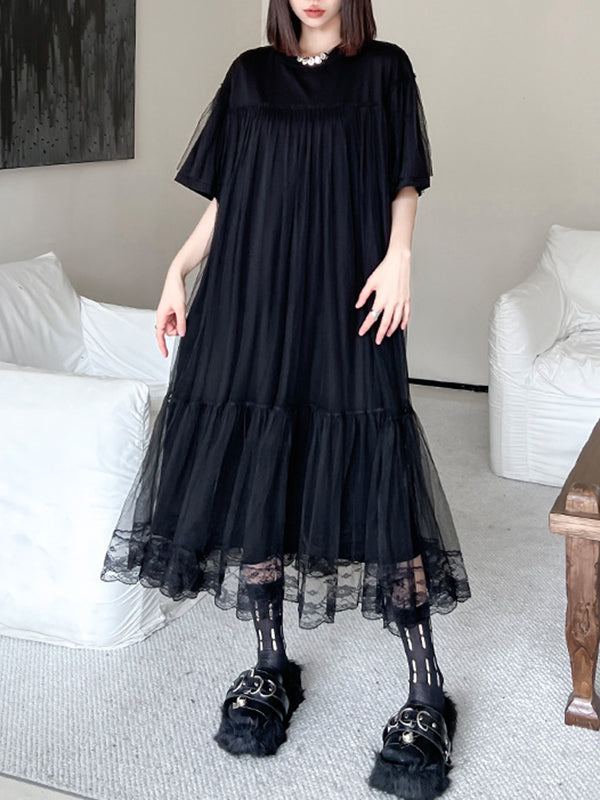 Fake Two-Piece Loose Gauze Pleated Solid Color Split-Joint Tiered Round-Neck Midi Dresses