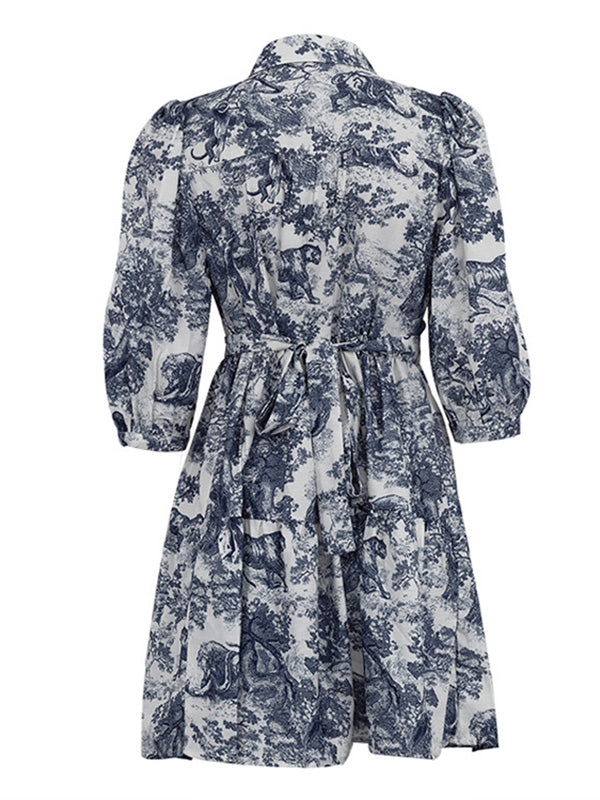 Loose Puff Sleeves Pleated Printed Split-Joint Tied Waist Lapel Mini Dresses Shirt Dress