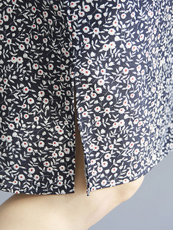 Artistic Retro Floral Printed Stand Collar Short Sleeves Cheongsam Midi Dress