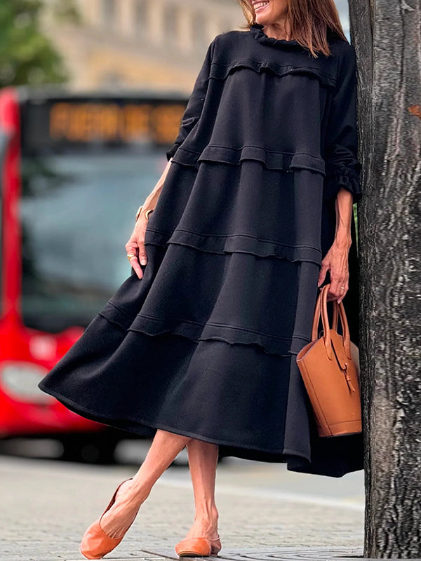 A-Line Loose Ruffled Solid Color Split-Joint Round-Neck Maxi Dresses