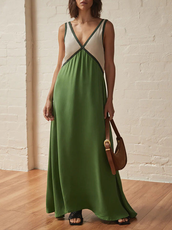 Loose Sleeveless Contrast Color Split-Joint Deep V-Neck Maxi Dresses