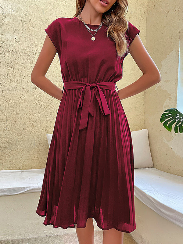 A-Line Loose Pleated Solid Color Tied Waist Round-Neck Midi Dresses
