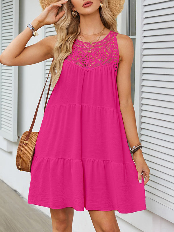 Loose Sleeveless Hollow Pleated Solid Color Split-Joint Round-Neck Mini Dresses