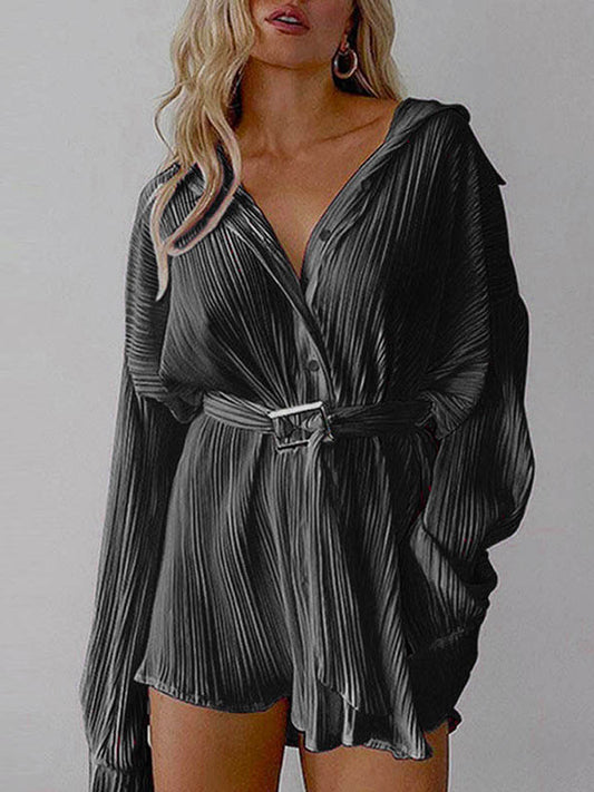 Long Sleeves Buttoned Pleated Solid Color Tied Waist Lapel Mini Dresses Shirt Dress