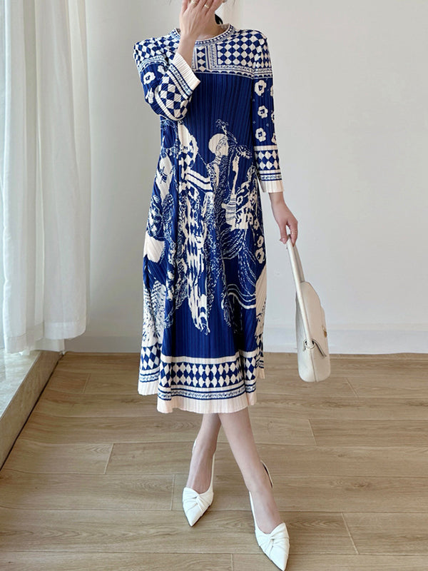 A-Line Loose Pleated Printed Round-Neck Midi Dresses