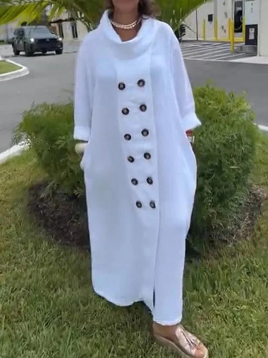 Long Sleeves Loose Buttoned Solid Color Stand Collar Maxi Dresses