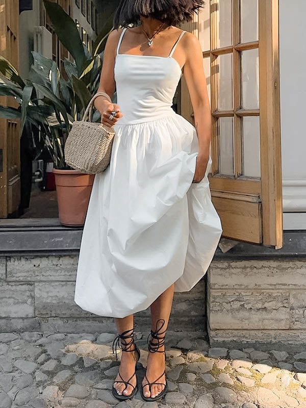 Loose Sleeveless Pleated Solid Color Split-Joint Spaghetti-Neck Midi Dresses