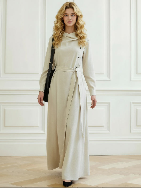 Long Sleeves Belted Solid Color Heaps Collar Maxi Dresses