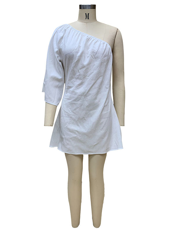 Loose Three-Quarter Sleeves Asymmetric Elasticity Solid Color One-Shoulder Mini Dresses