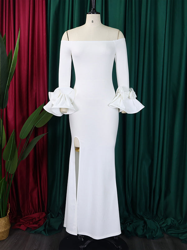 Bodycon Flared Sleeves Falbala Solid Color Split-side Off-the-shoulder Maxi Dresses