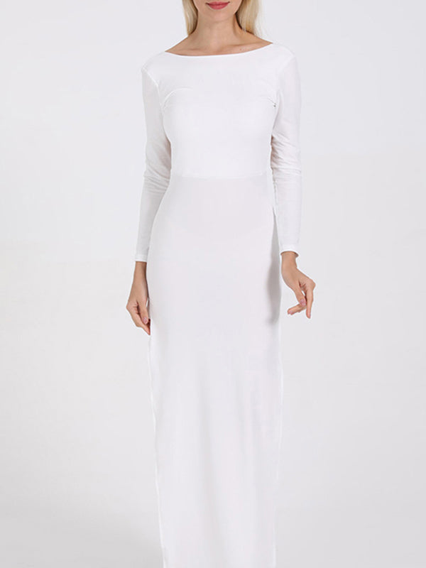 Bodycon Long Sleeves Backless Solid Color Split-Joint Split-Side Round-Neck Maxi Dresses