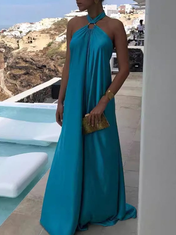 A-Line Loose Backless Solid Color Tied Halter-Neck Maxi Dresses