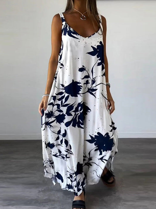 Loose Plus Size Floral Printed Split-Joint Spaghetti-Neck Maxi Dresses