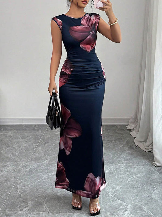 Bodycon Sleeveless Contrast Color Flower Print Round-Neck Maxi Dresses