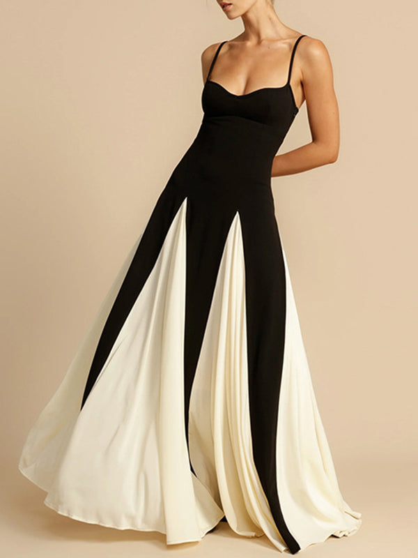 High Waisted Sleeveless Backless Contrast Color Pleated Split-Joint Spaghetti-Neck Maxi Dresses