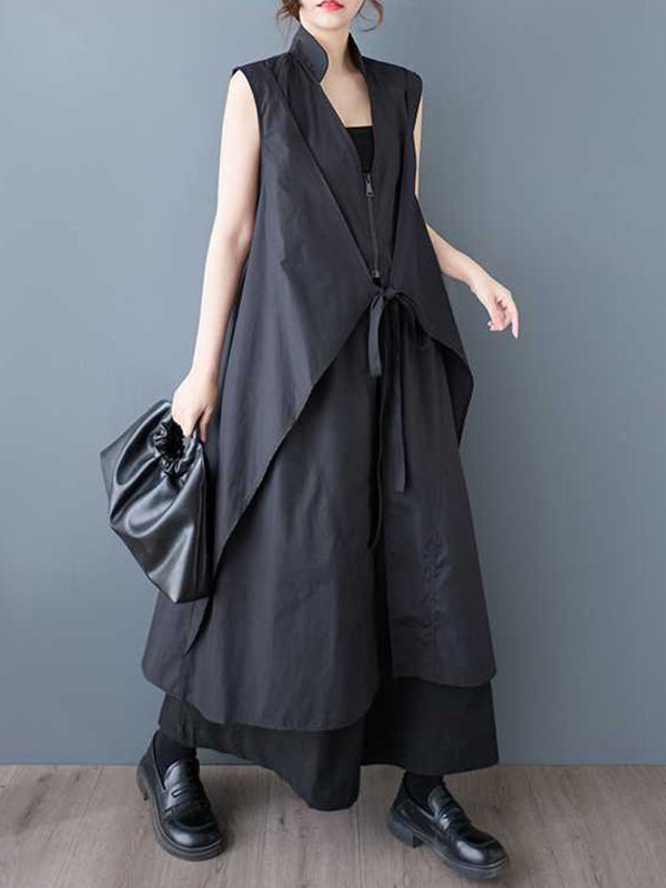 A-Line Loose Pockets Solid Color Tied Zipper V-Neck Midi Dresses Shirt Dress