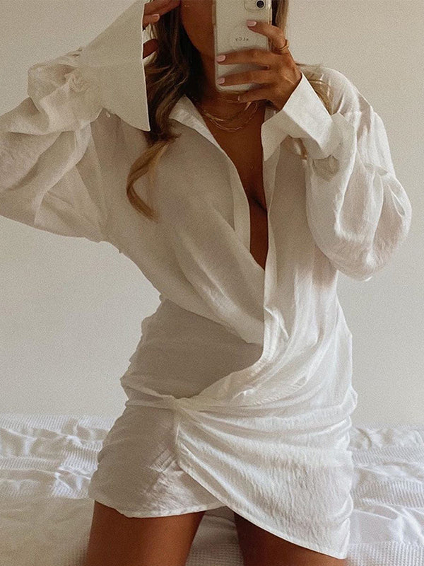 Bodycon Long Sleeves Pleated Solid Color Deep V-Neck Mini Dresses Shirt Dress