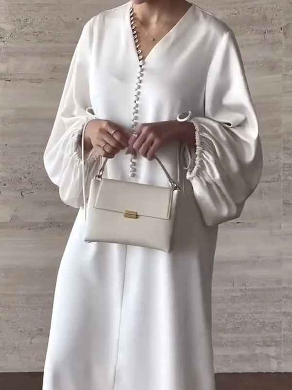 Loose Puff Sleeves Drawstring Solid Color Split-Joint V-Neck Maxi Dresses Shirt Dress
