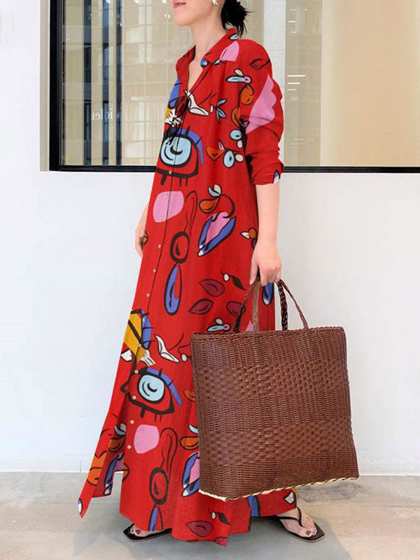 Long Sleeves Loose Buttoned Pockets Printed Lapel Maxi Dresses Shirt Dress