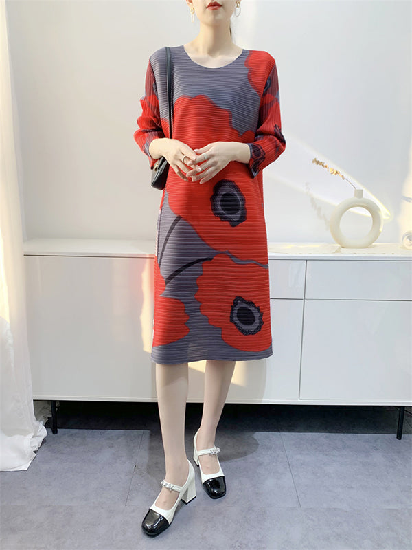 Original Three-Quarter Sleeves Loose Floral Printed Contrast Color Pleated Round-Neck Midi Dresses