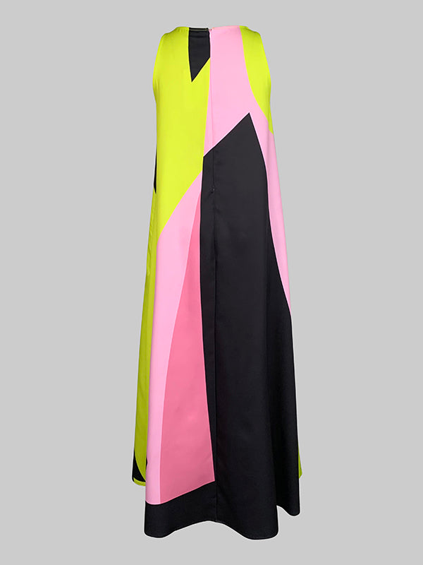 A-Line Loose Color-Block Pleated Split-Joint Round-Neck Maxi Dresses