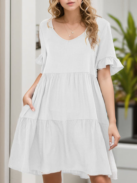 A-Line Flared Sleeves Pleated Pockets Ruffled Solid Color Split-Joint Round-Neck Mini Dresses