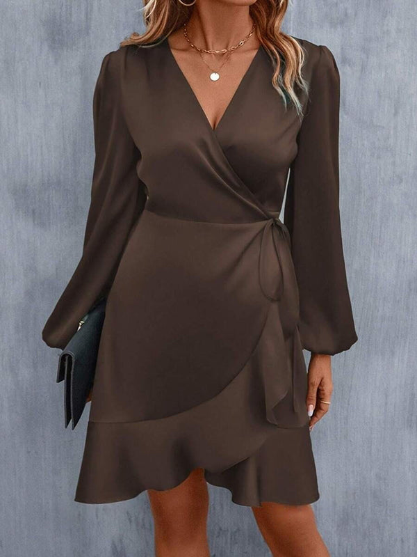 High Waisted High-Low Elasticity Pleated Solid Color Split-Joint Tied V-Neck Mini Dresses