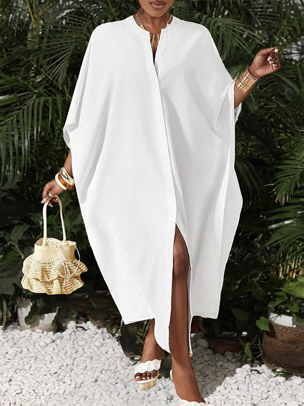 Batwing Sleeves Half Sleeves Solid Color V-Neck Maxi Dresses