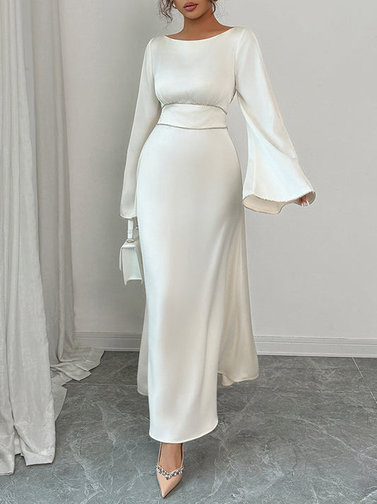 A-Line Flared Sleeves Solid Color Tied Zipper Round-Neck Maxi Dresses