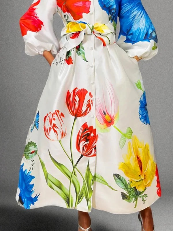 A-Line Long Sleeves Buttoned Elasticity Pockets Tied Waist Mock Neck Maxi Dresses