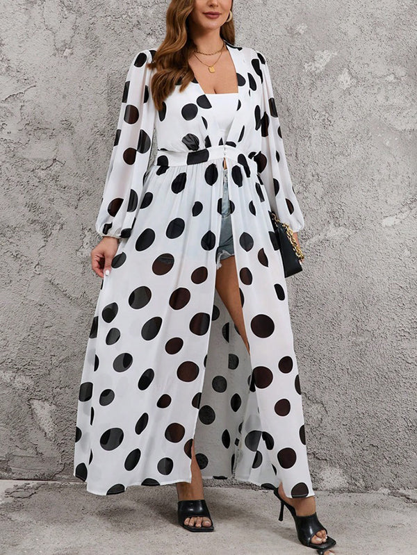 High Waisted Long Sleeves Pleated Polka-Dot See-Through Split-Joint Deep V-Neck Maxi Dresses Outerwear