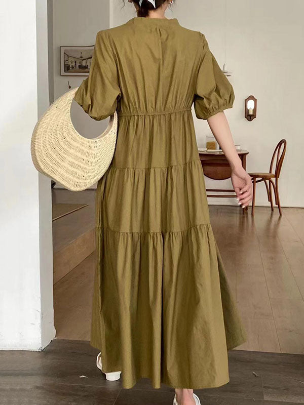 Bishop Sleeve Loose Embroidered Pleated V-Neck Midi Dresses