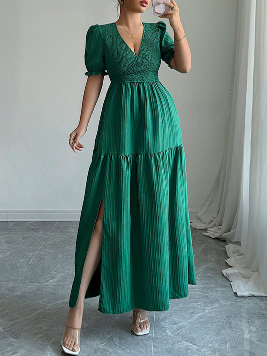 Half Sleeves High Waisted Pleated Solid Color Split-Front V-Neck Maxi Dresses
