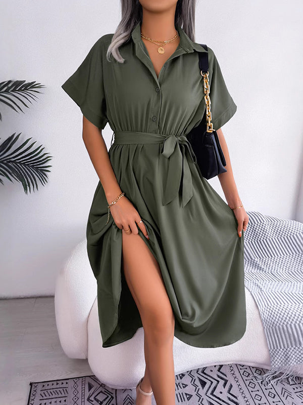 Loose Short Sleeves Solid Color Split-Joint Tied Waist Lapel Midi Dresses Shirt Dress
