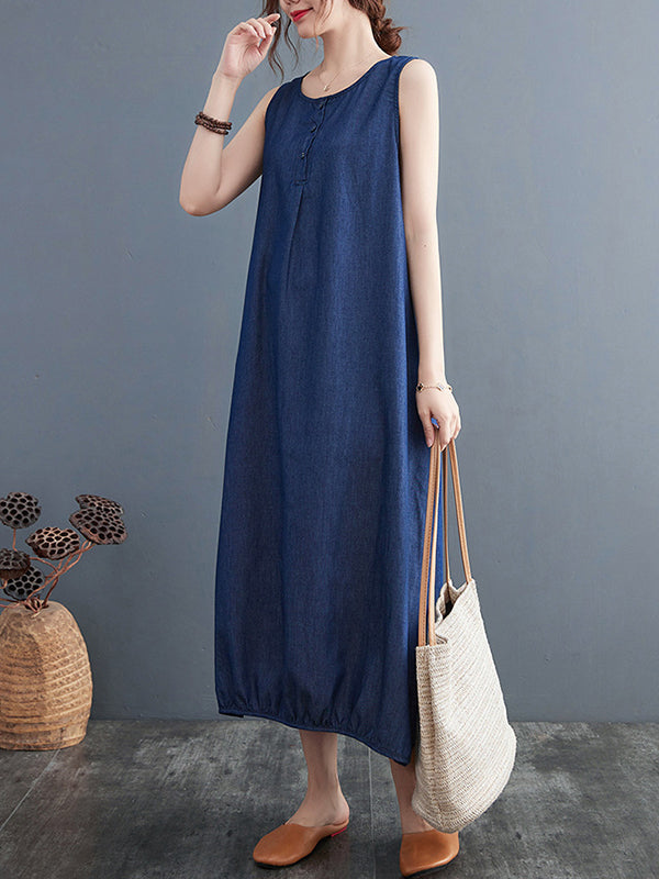 A-Line Loose Buttoned Pleated Solid Color Round-Neck Midi Dresses