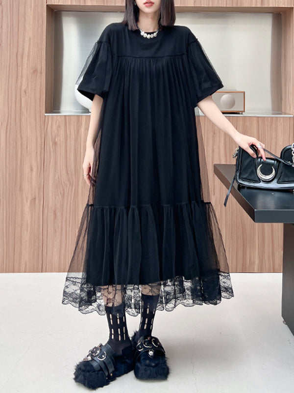 Fake Two-Piece Loose Gauze Pleated Solid Color Split-Joint Tiered Round-Neck Midi Dresses