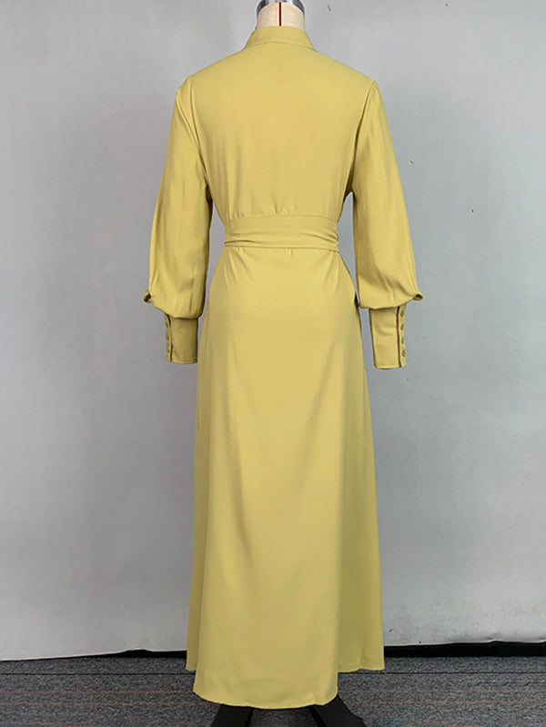 A-Line Long Sleeves Buttoned Pleated Pockets Solid Color Tied Waist V-Neck Maxi Dresses