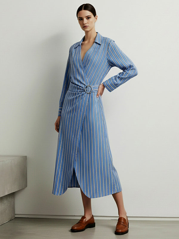 Long Sleeves Buckle Striped Deep V-Neck Midi Dresses Shirt Dress