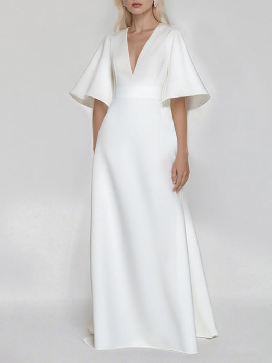 Batwing Sleeves Solid Color Split-Joint V-Neck Evening Dresses Maxi Dresses