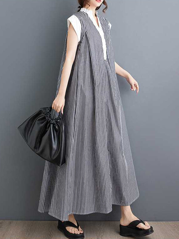 Cap Sleeve Loose Buttoned Striped Lapel Maxi Dresses Shirt Dress