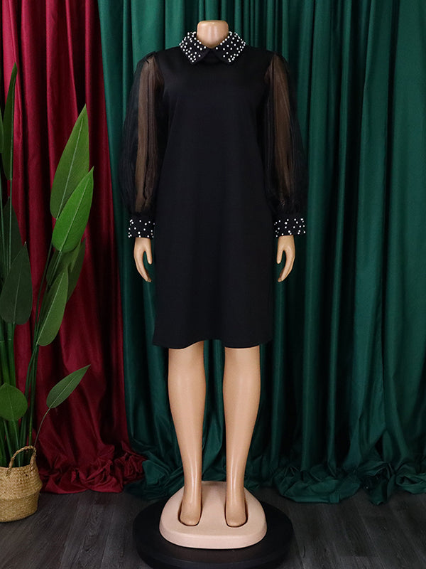 Puff Sleeves Beads Mesh Solid Color Split-Joint Round-neck Midi Dresses