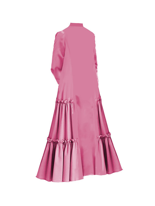 A-Line Long Sleeves Buttoned Layered Pleated Pockets Ruffled Solid Color Split-Joint Stand Collar Maxi Dresses