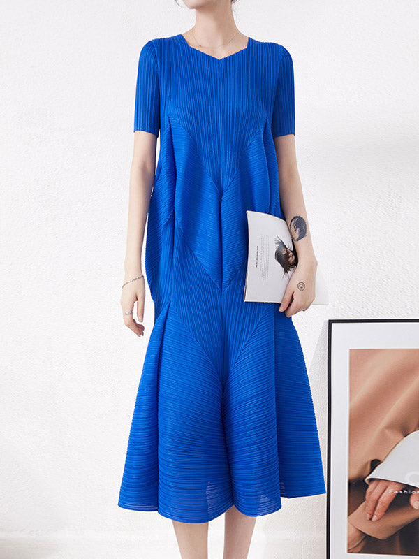 High Waisted Loose Pleated Solid Color Round-Neck Midi Dresses