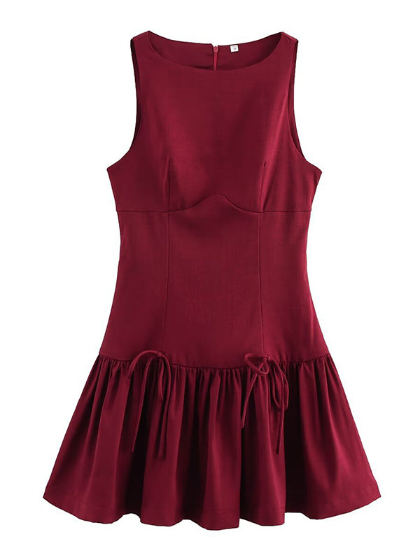 A-Line Loose Pleated Solid Color Split-Joint Zipper Round-Neck Mini Dresses