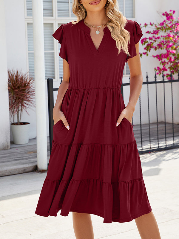 Loose Ruffle Sleeves Pleated Pockets Solid Color Split-Joint V-Neck Midi Dresses